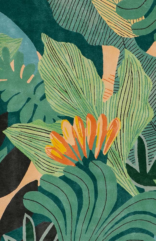 Tapis touffeté sur mesure avec motifs de feuilles tropicales et fleurs oranges