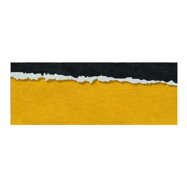 Tapis tuftée moderne à blocs de couleurs présentant un jaune moutarde vibrant avec des bordures noires et blanches.