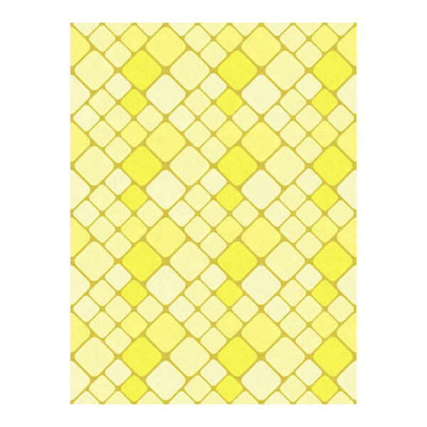 Tapis touffeté jaune ensoleillé avec des carrés arrondis de tailles variées dans différentes teintes de jaune. Le motif en mosaïque présente des formes jaune vif et jaune reliées.
