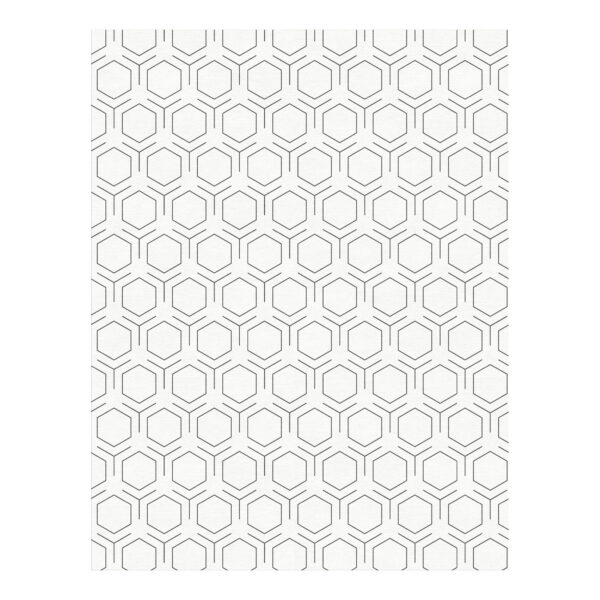 Tapis blanc minimaliste avec motif hexagonal gris fin sur toute la surface. Le design géométrique en nid d'abeille présente des lignes nettes et précises.