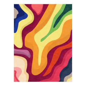 Tapis touffeté vibrant présentant des formes abstraites fluides aux couleurs vives de l'arc-en-ciel, incluant bordeaux, orange, jaune, vert et bleu.