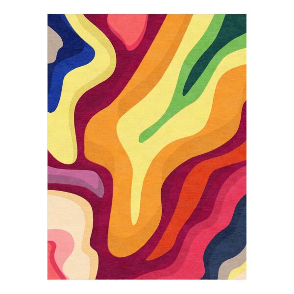 Tapis touffeté vibrant présentant des formes abstraites fluides aux couleurs vives de l'arc-en-ciel, incluant bordeaux, orange, jaune, vert et bleu.