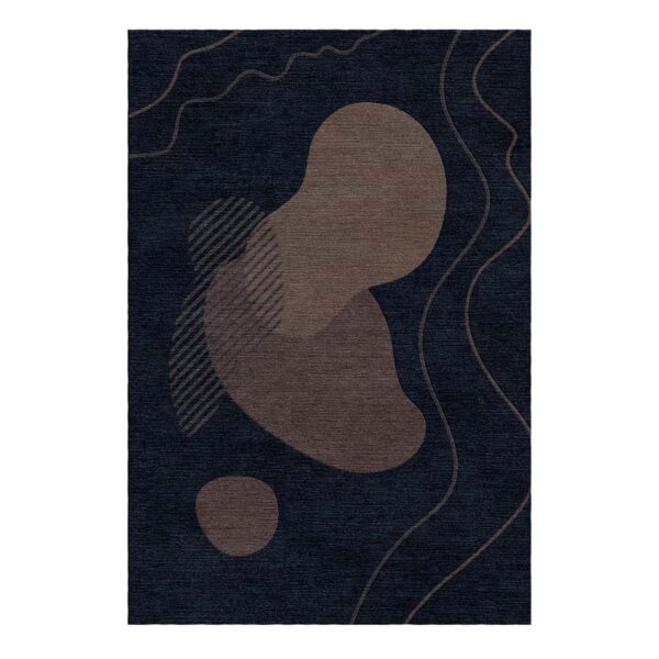 Tapis touffeté moderne avec des formes organiques brunes sur un fond noir profond. Le design abstrait présente des formes incurvées rappelant des haricots.