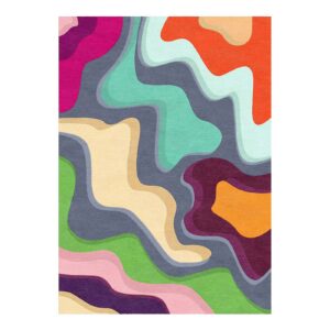 Tapis touffeté abstrait coloré présentant des formes organiques semblables à des puzzles dans des couleurs vives comprenant du violet, du rose, du turquoise.