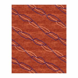 Tapis touffeté couleur terre cuite avec motif entrelacé en forme de chaîne et accents linéaires bleu marine et pêche.