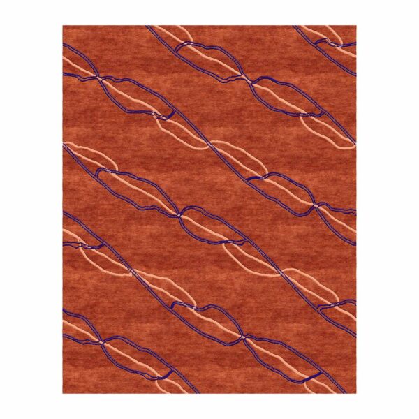 Tapis touffeté couleur terre cuite avec motif entrelacé en forme de chaîne et accents linéaires bleu marine et pêche.