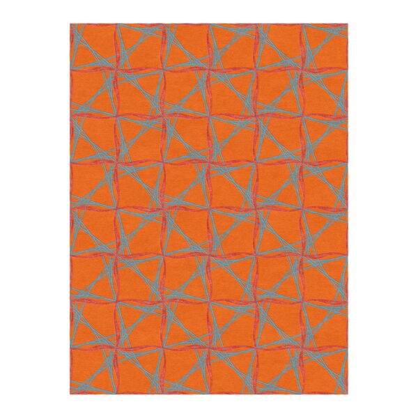 Tapis tuftée orange vif avec un motif linéaire turquoise et rose s'entrecroisant pour créer un réseau géométrique.