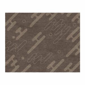 Tapis tufté sophistiqué avec formes arrondies abstraites et lignes en différentes nuances de taupe et marron.