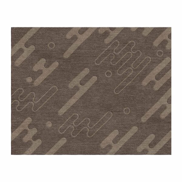 Tapis tufté sophistiqué avec formes arrondies abstraites et lignes en différentes nuances de taupe et marron.