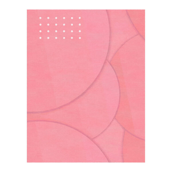 Tapis touffeté rose pâle avec un design géométrique subtil présentant des formes circulaires qui se chevauchent et un motif de points blancs, créant un effet doux et apaisant.