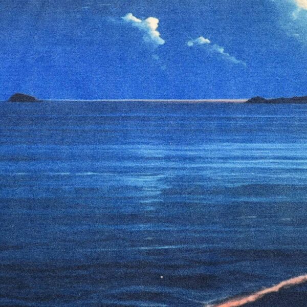 Segment d'un tapis en nylon imprimé sur le thème de l'océan montrant un paysage marin bleu avec de petits nuages blancs et des îles lointaines à l'horizon.