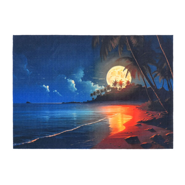 Tapis en nylon imprimé bleu tropical avec une pleine lune se levant sur des palmiers et une eau océanique d'un bleu profond.