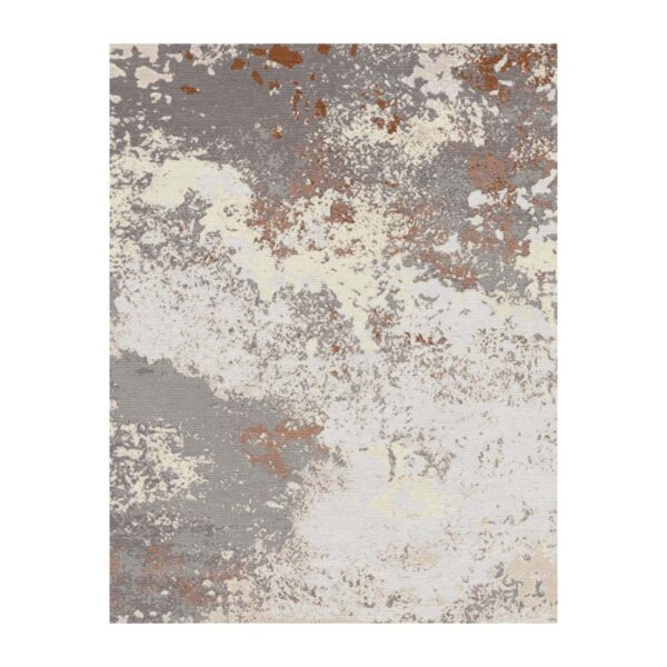 Tapis touffeté abstrait présentant des motifs éclaboussés dans des tons crème, gris et rouille. Le design texturé crée une apparence moderne, picturale.