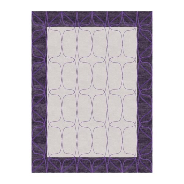 Élégant tapis touffeté avec un centre crème et une bordure anthracite présentant de délicats motifs de lignes violettes, incluant des formes incurvées subtiles.