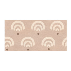 Tapis tufté rectangulaire beige avec motifs d'arcs-en-ciel stylisés en crème et points bruns. Moderne et minimaliste avec formes répétitives sur fond neutre.