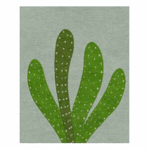 Tapis botanique tuftée présentant des raquettes de cactus stylisées en vert vif sur un fond vert sauge pâle, avec de petites mouchetures blanches.