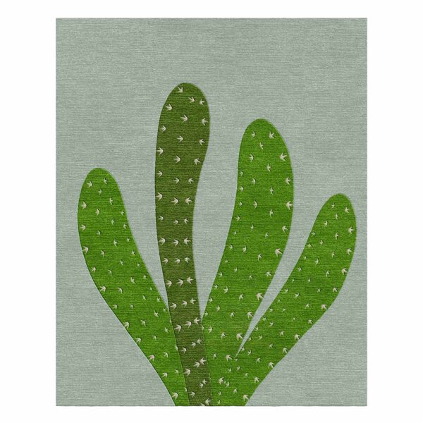 Tapis botanique tuftée présentant des raquettes de cactus stylisées en vert vif sur un fond vert sauge pâle, avec de petites mouchetures blanches.