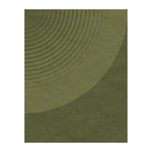 Tapis minimaliste tuftée vert olive avec cercles concentriques, dans un camaïeu monochromatique aux variations subtiles de tons créant une esthétique sereine courbes douces.