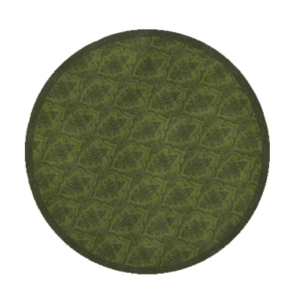 Tapis rond en laine tuftée vert olive avec motif géométrique répétitif en relief, design damassé tonal et texture dense.