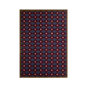 Tapis en laine tuftée motif graphique avec croix bleues sur fond bordeaux, bordure marron et points blancs en diamant uniformément répartis.